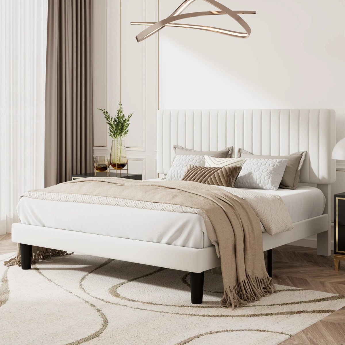 Queen Size Upholstered Platform Bed Frame with Velvet Headboard M2219