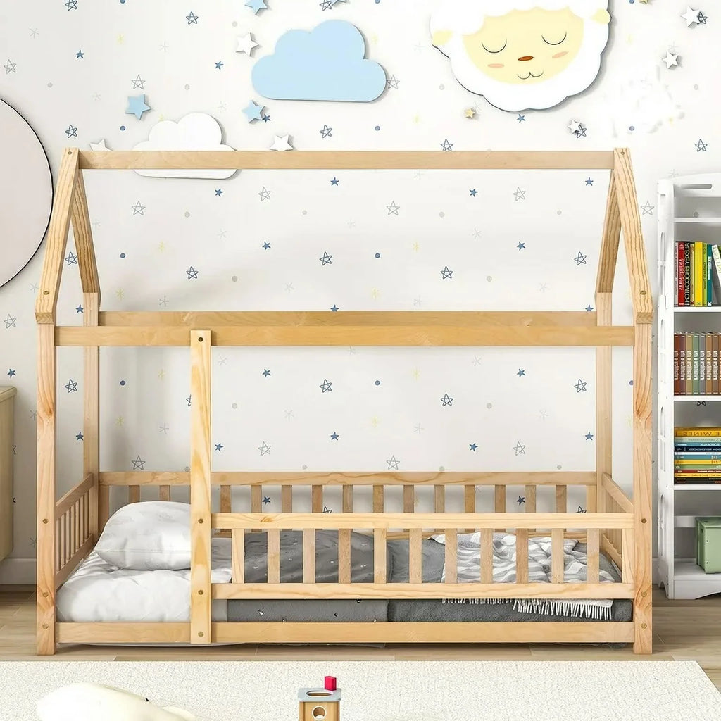 Twin Size Wood House Floor Bed with Fence Guardrails G765
