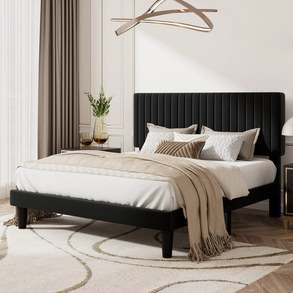Queen Size Upholstered Platform Bed Frame with Velvet Headboard M2219