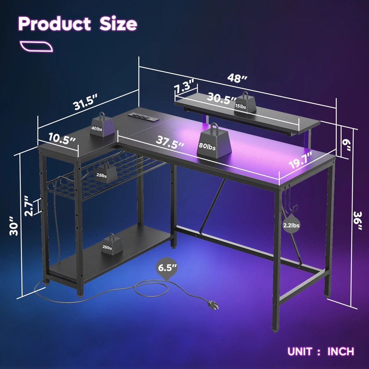48" L Shaped Gaming Desk with LED Lights C603618