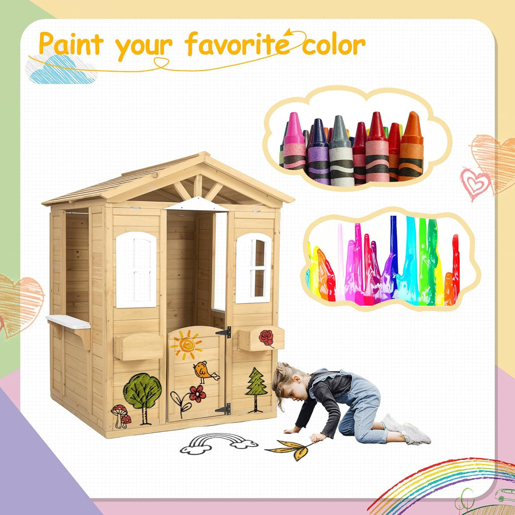 Wooden Playhouse with Door, Windows, Mailbox, Bench, Flowers Pot Holder, 39" x 38" x 55.5" A706