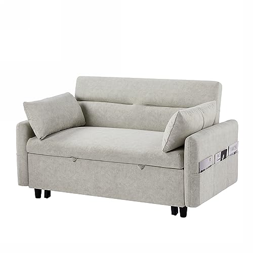 Gray 3 in 1 Convertible Sleeper Sofa Futon Couch Pullout Bed Love Seat Chaise Lounge with Storage Pockets 2 Pillows E5638