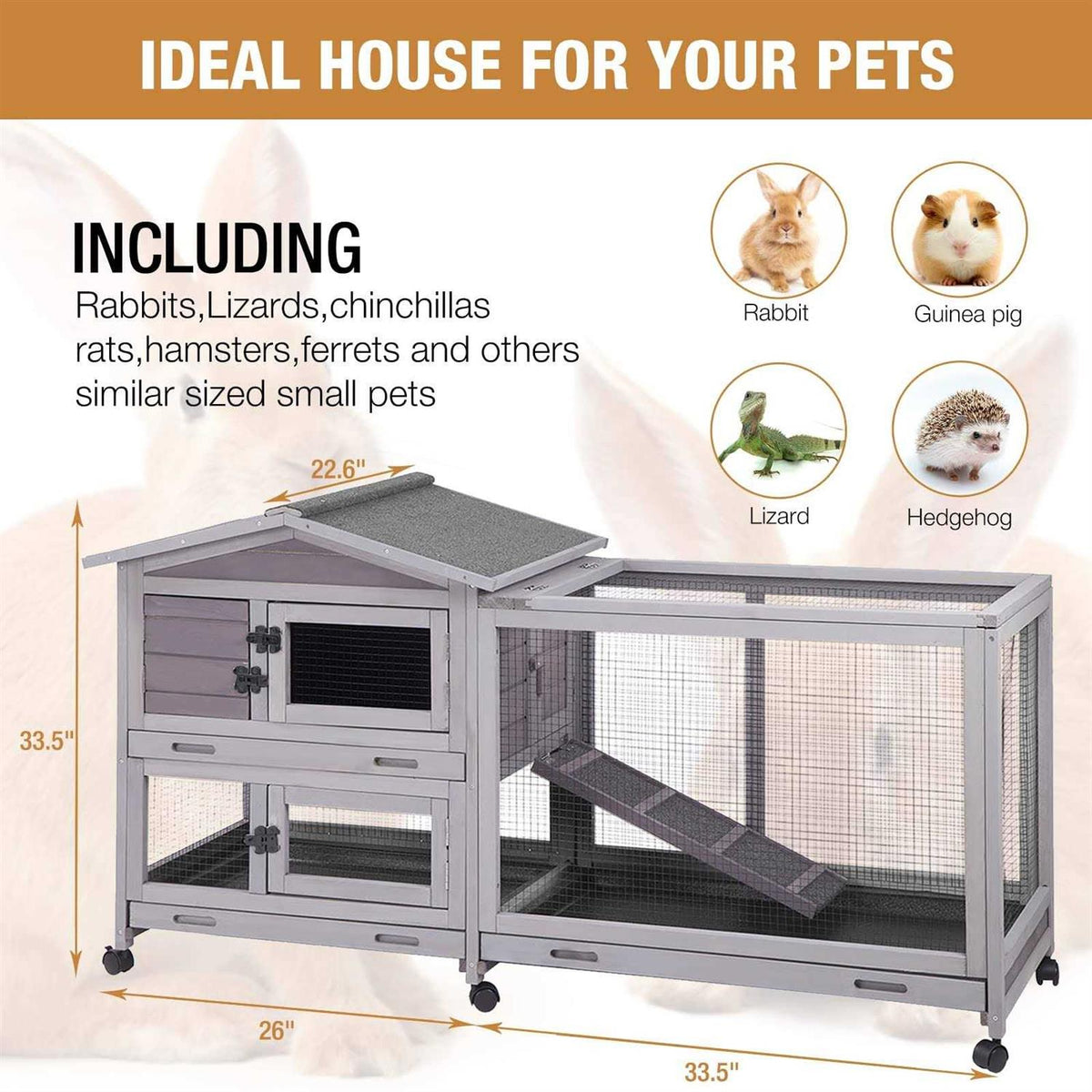 Bunny Cage Rabbit Hutch with Casters Waterproof Roof Pull Out Tray I187