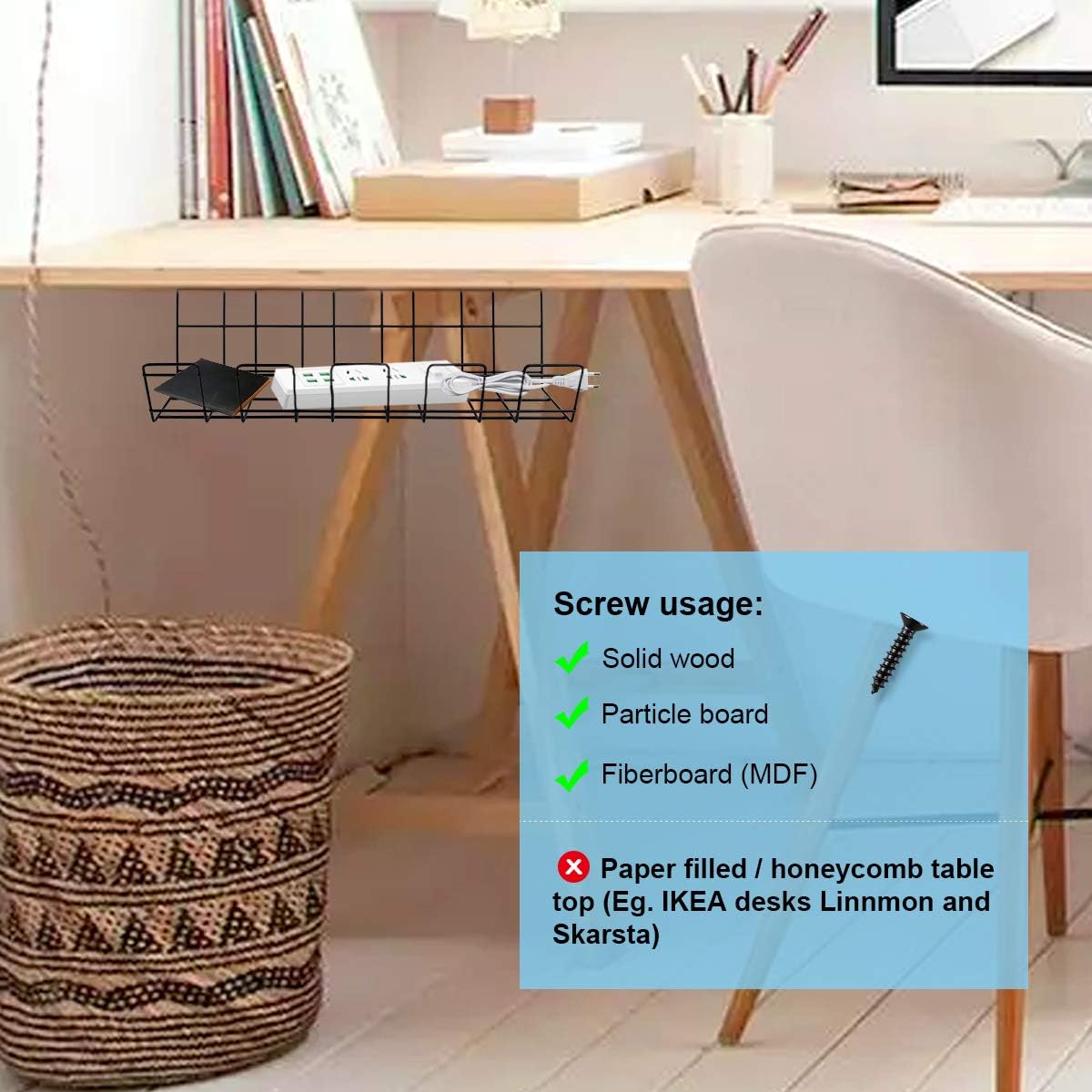 Under Desk Cable Management Tray, Black Cord Basket Set of 2 U7684