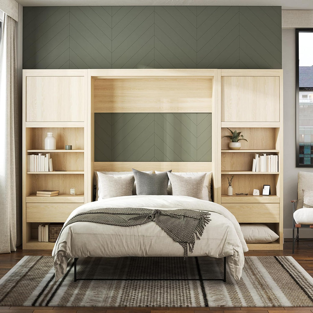 Full Size Murphy Wall Bed with Storage in Light Oak K681