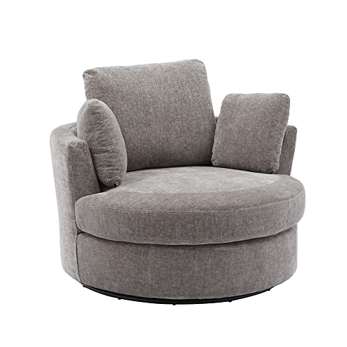 Beige Oversized Round Chenille Swivel Accent Barrel Chair with 3 Pillows M265916