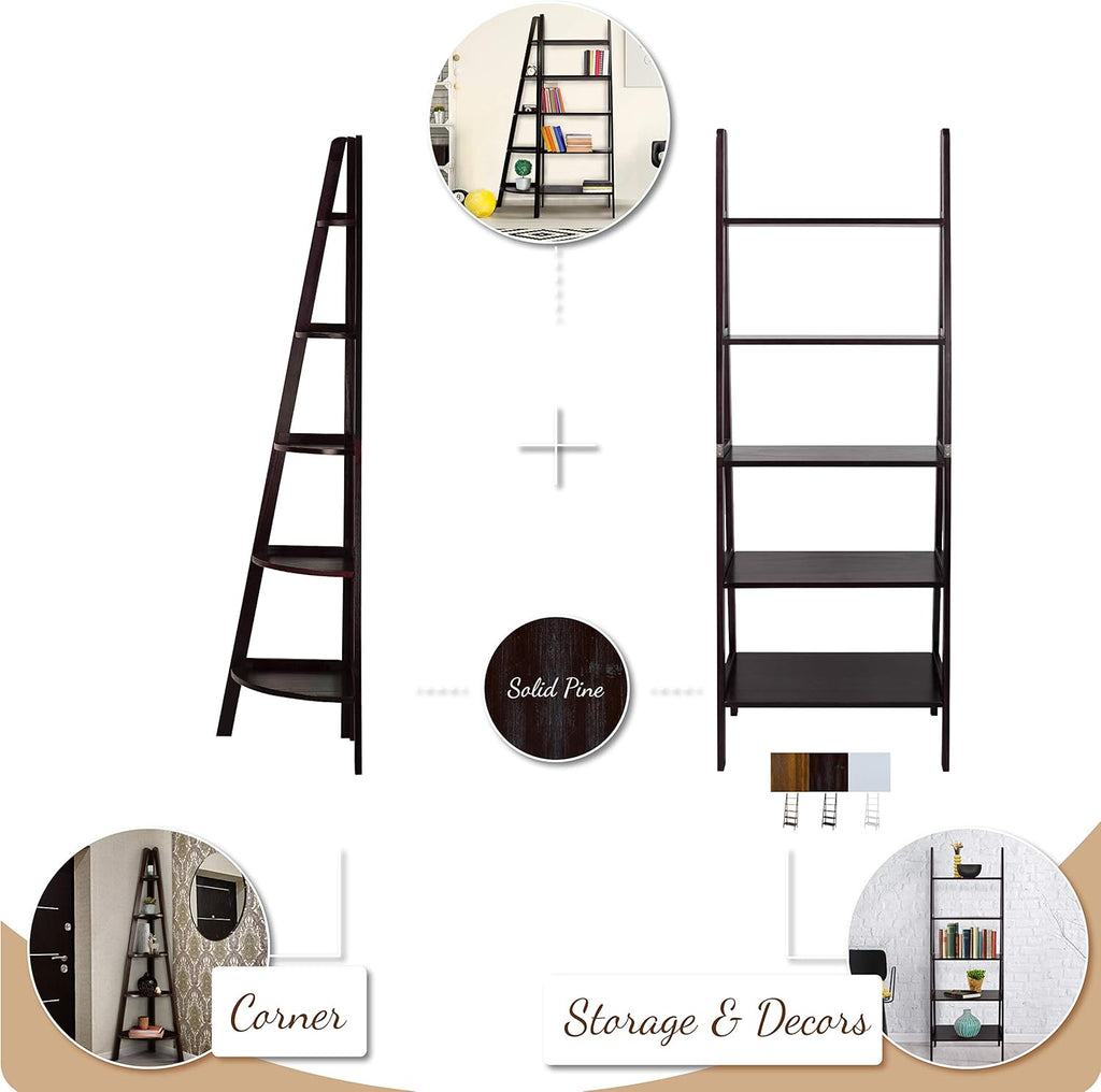 White 5-Shelf Corner Ladder Bookcase U48055