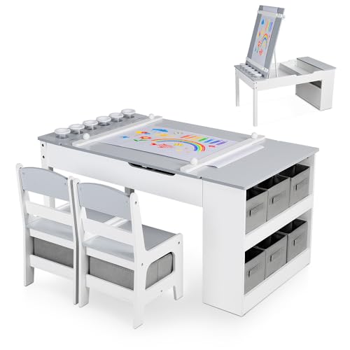 3 in 1 Wood Kids Art Table & Easel Chair Set with 6 Storage Bins Y758