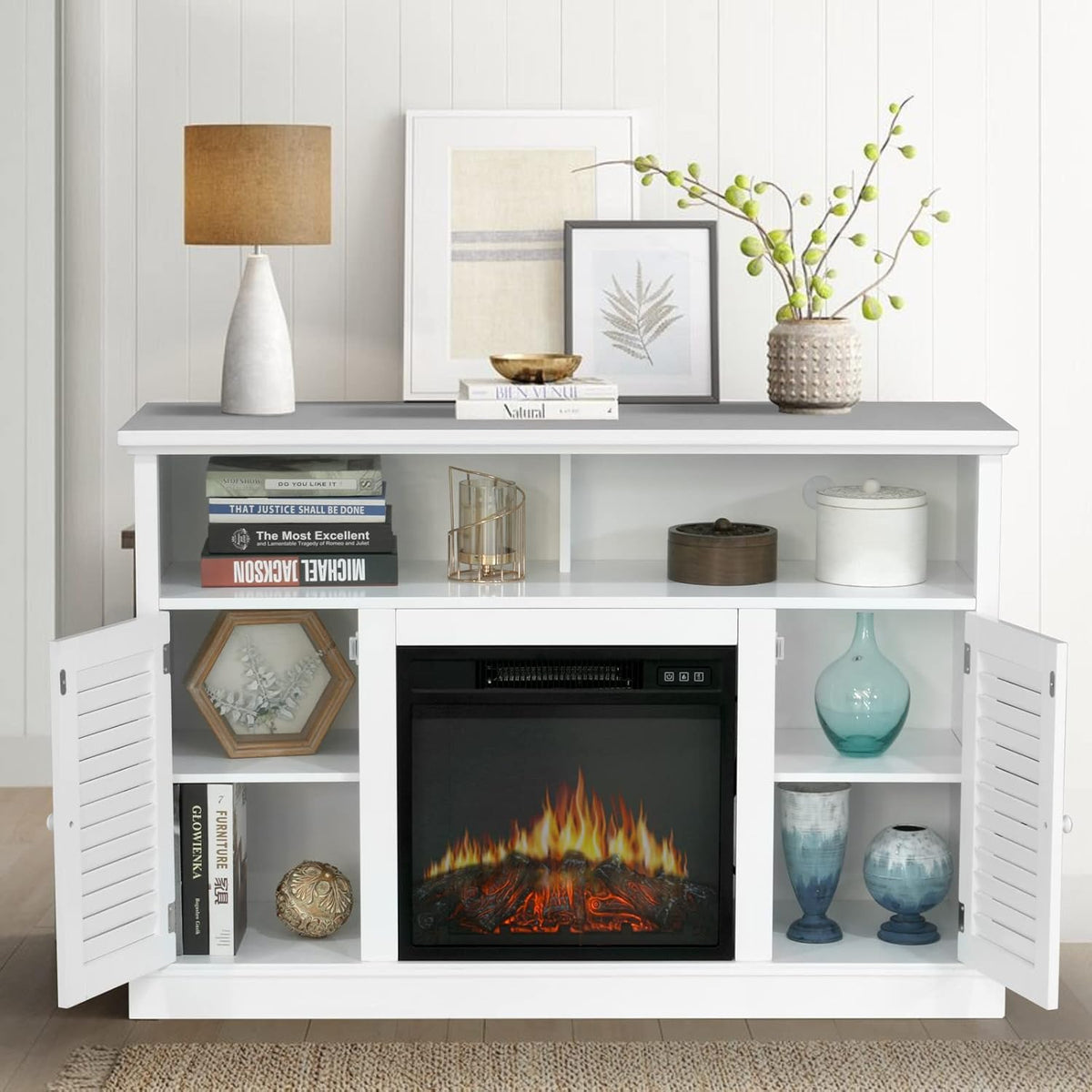 White Fireplace TV Stand with Adjustable Shelves V4935