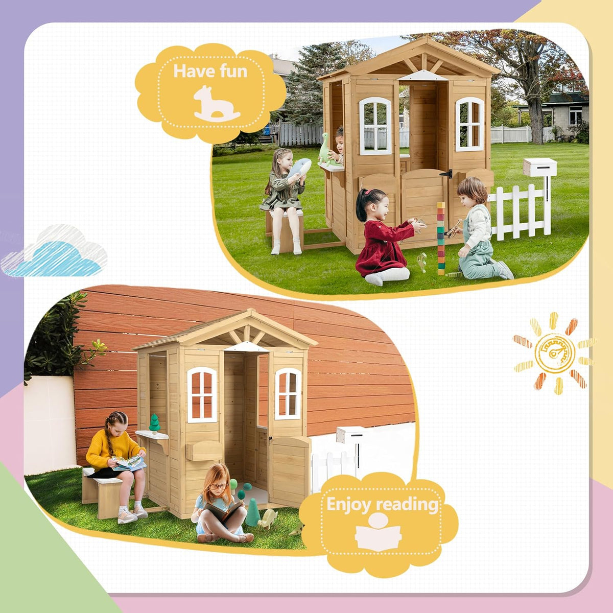 Wooden Playhouse with Door, Windows, Mailbox, Bench, Flowers Pot Holder, 39" x 38" x 55.5" A706