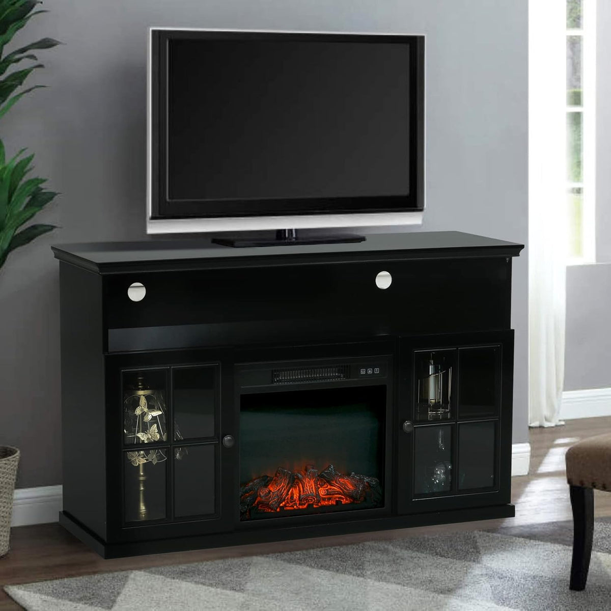 White Fireplace TV Stand with Adjustable Shelves V4935