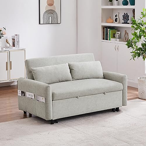 Gray 3 in 1 Convertible Sleeper Sofa Futon Couch Pullout Bed Love Seat Chaise Lounge with Storage Pockets 2 Pillows E5638