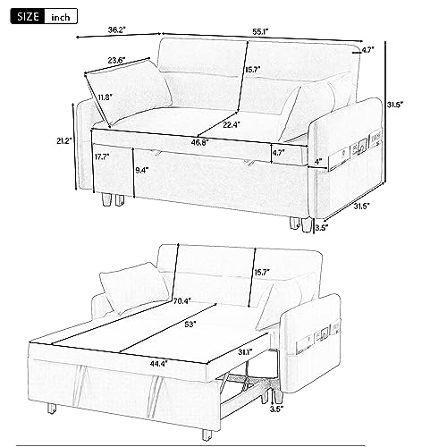 Gray 3 in 1 Convertible Sleeper Sofa Futon Couch Pullout Bed Love Seat Chaise Lounge with Storage Pockets 2 Pillows E5638