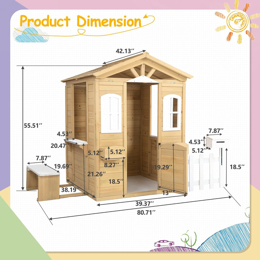 Wooden Playhouse with Door, Windows, Mailbox, Bench, Flowers Pot Holder, 39" x 38" x 55.5" A706