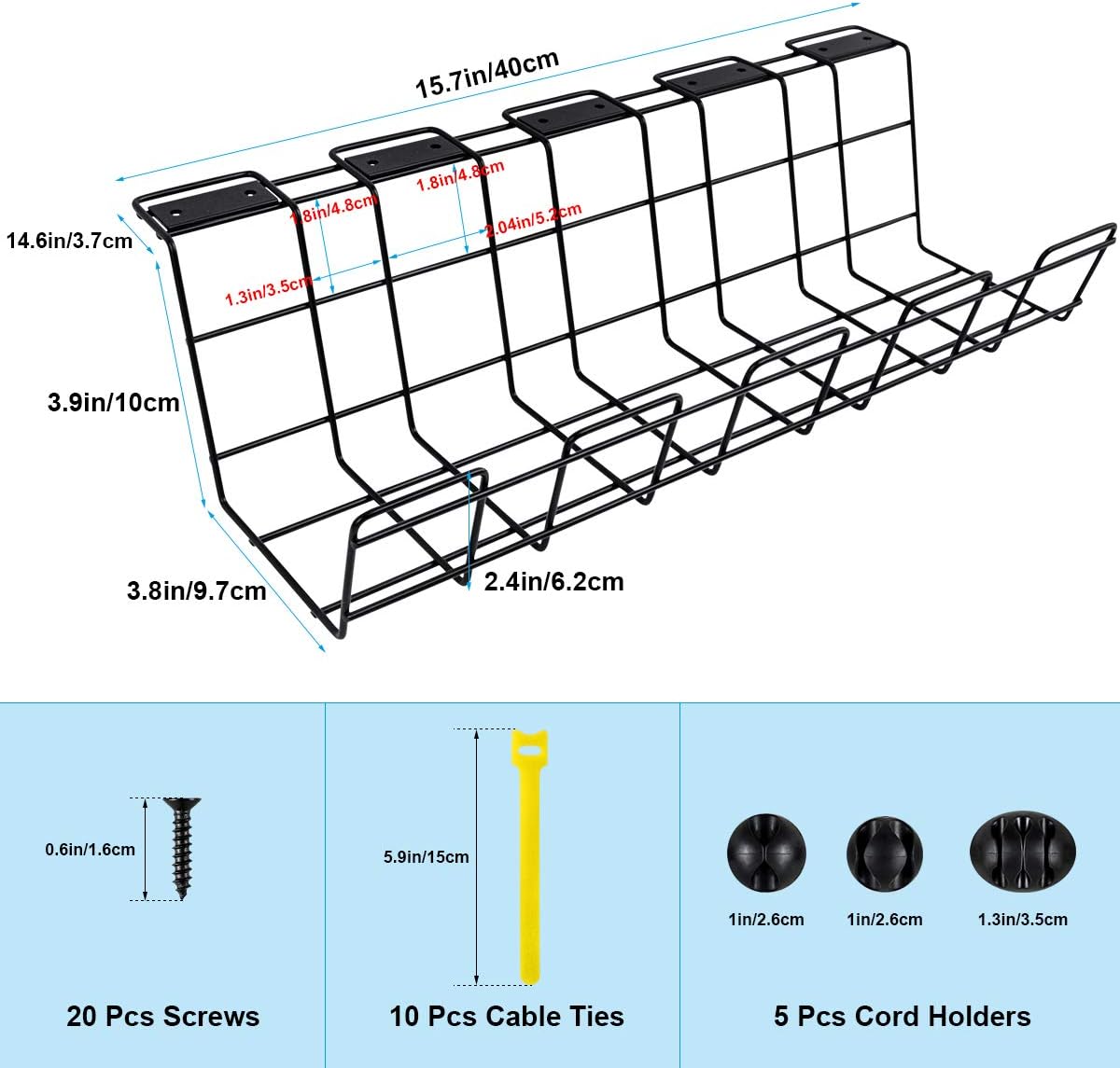 Under Desk Cable Management Tray, Black Cord Basket Set of 2 U7684
