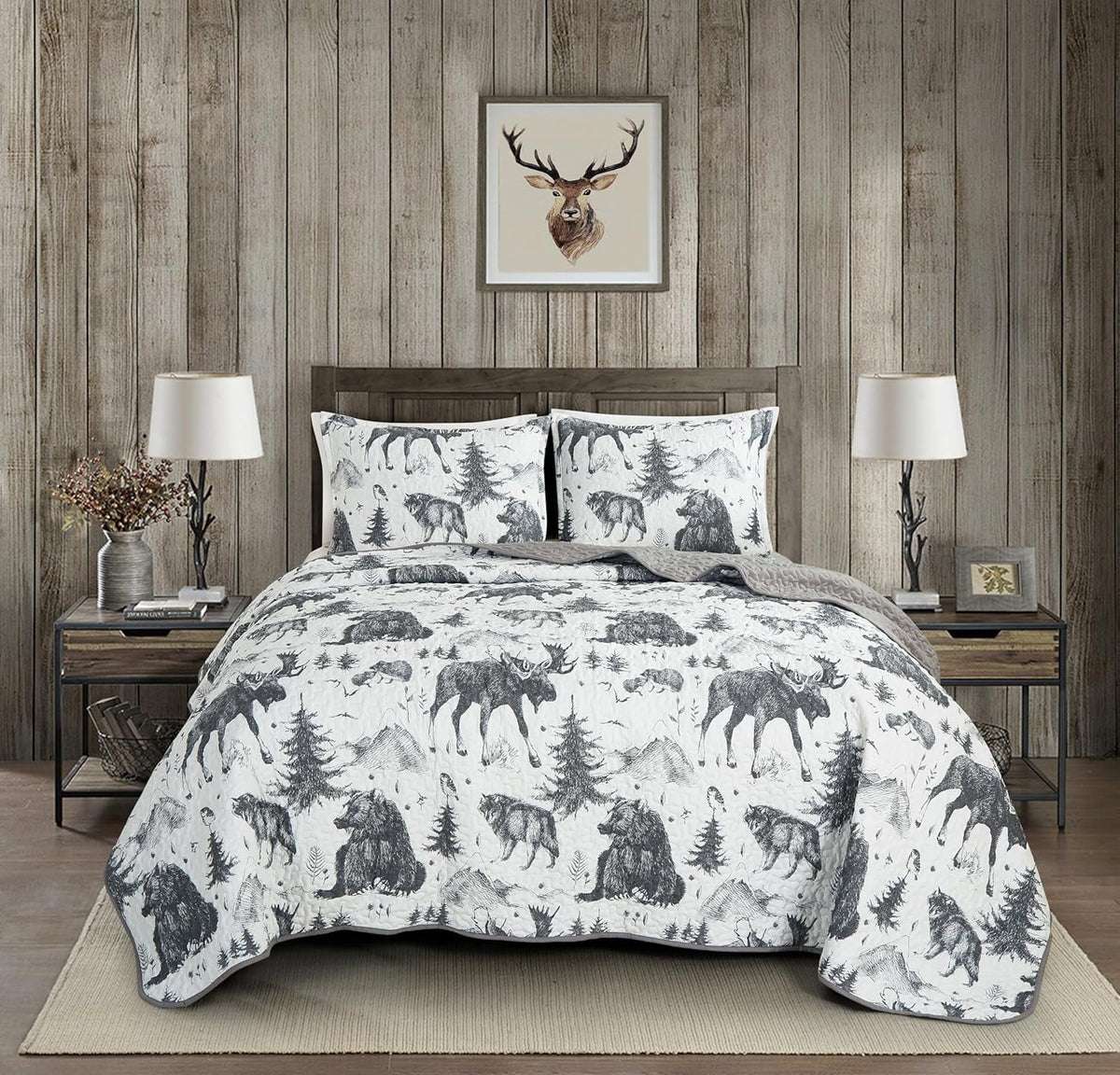 3-Piece King White Black Gray Microfiber Quilt Set O520