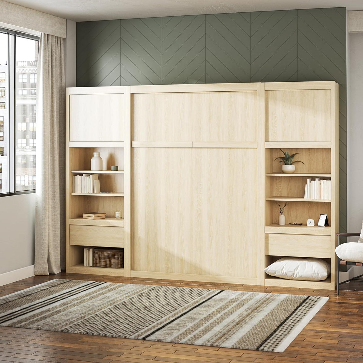 Full Size Murphy Wall Bed with Storage in Light Oak K681