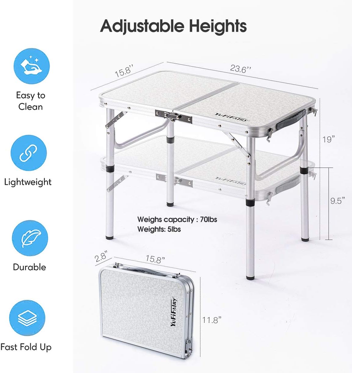 24''L x16''W Aluminum Folding Table with Adjustable Height Legs X107557