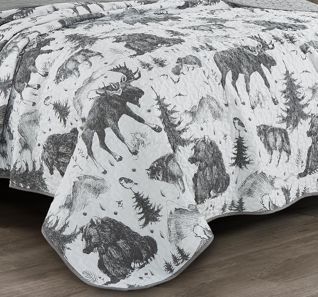 3-Piece King White Black Gray Microfiber Quilt Set O520