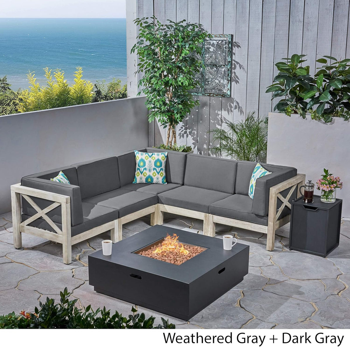 Weathered Gray and Dark Gray Acacia Wood 5 Seater Sectional Sofa Set with Fire Pit V497501