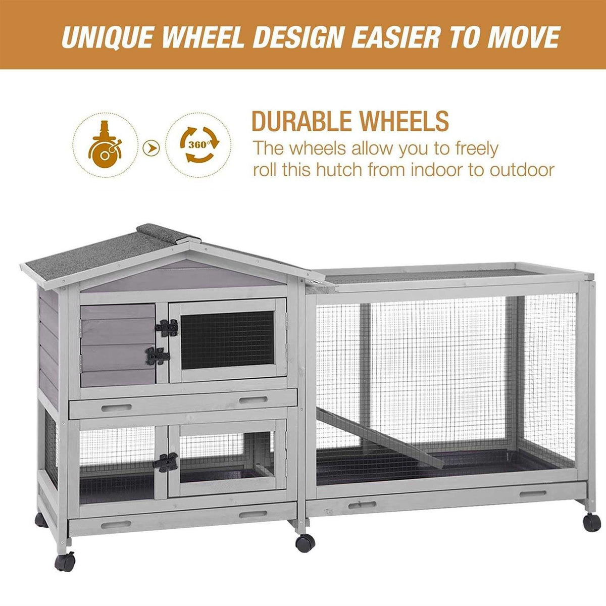 Bunny Cage Rabbit Hutch with Casters Waterproof Roof Pull Out Tray I187