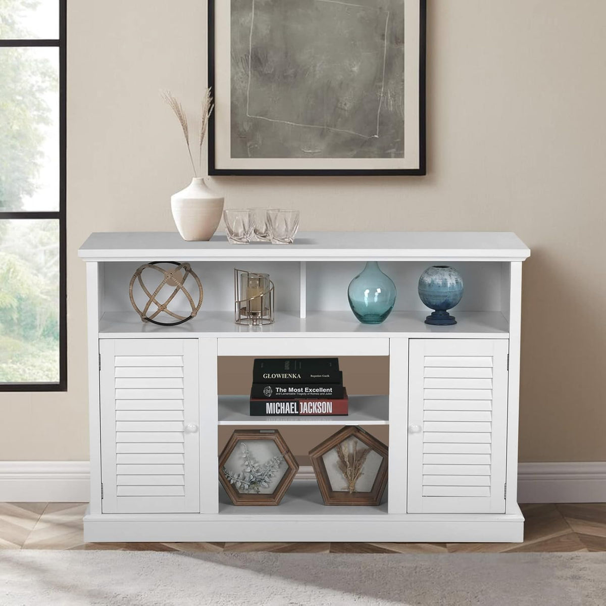 White Fireplace TV Stand with Adjustable Shelves V4935