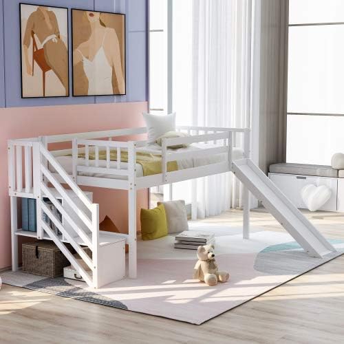 Twin Size Low Loft Bed with Slide and Staircase Gray J697