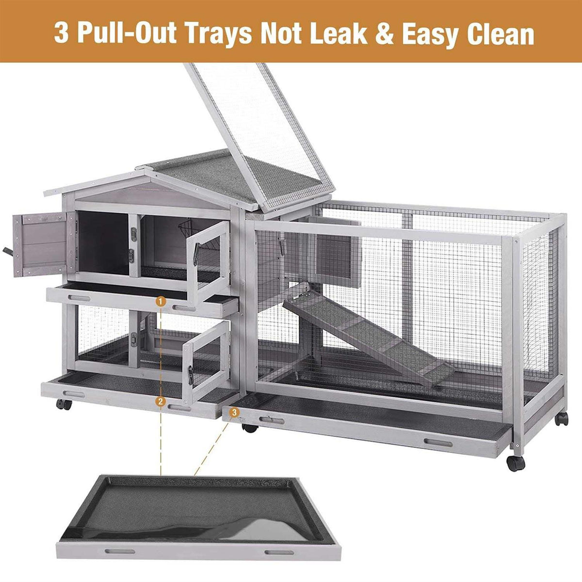 Bunny Cage Rabbit Hutch with Casters Waterproof Roof Pull Out Tray I187