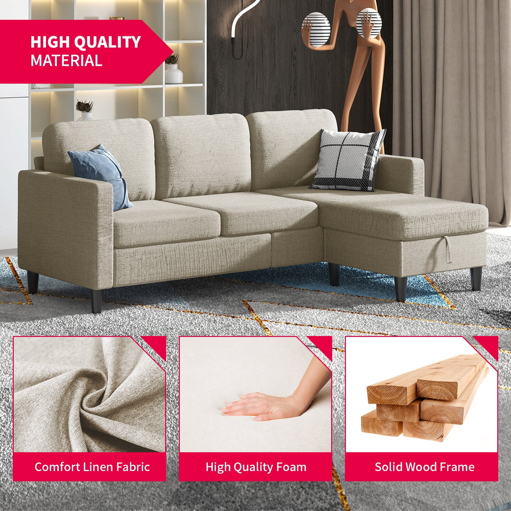 Beige Linen Sectional Sofa with Storage Ottoman W752