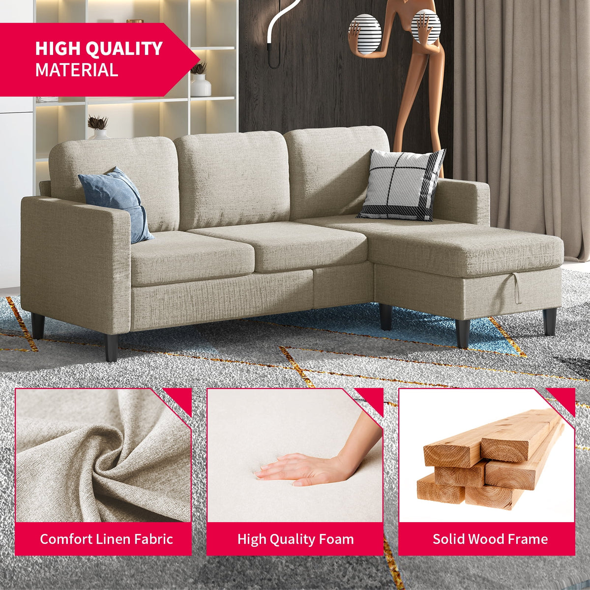 Beige Linen Sectional Sofa with Storage Ottoman W752