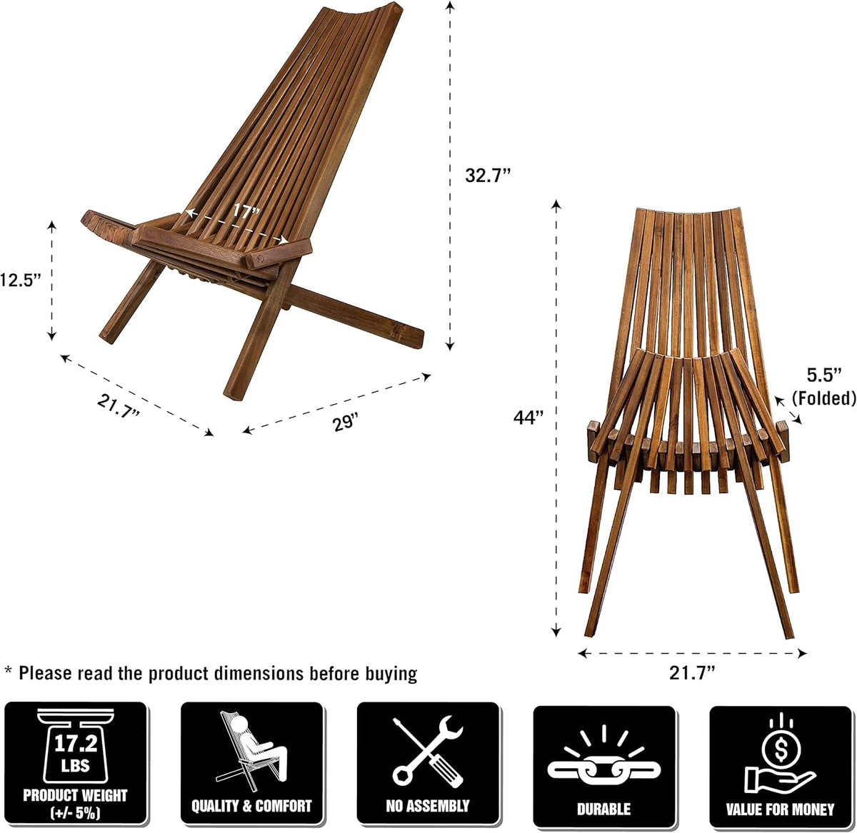 Folding Acacia Wood Outdoor Lounge Chair I698
