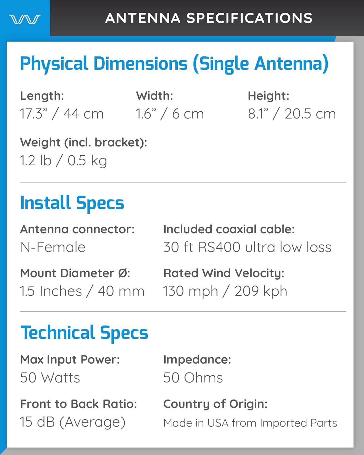 4G/5G Log Periodic Antenna Kit, 2x2 600-6000 MHz, Twin Cable Z345318