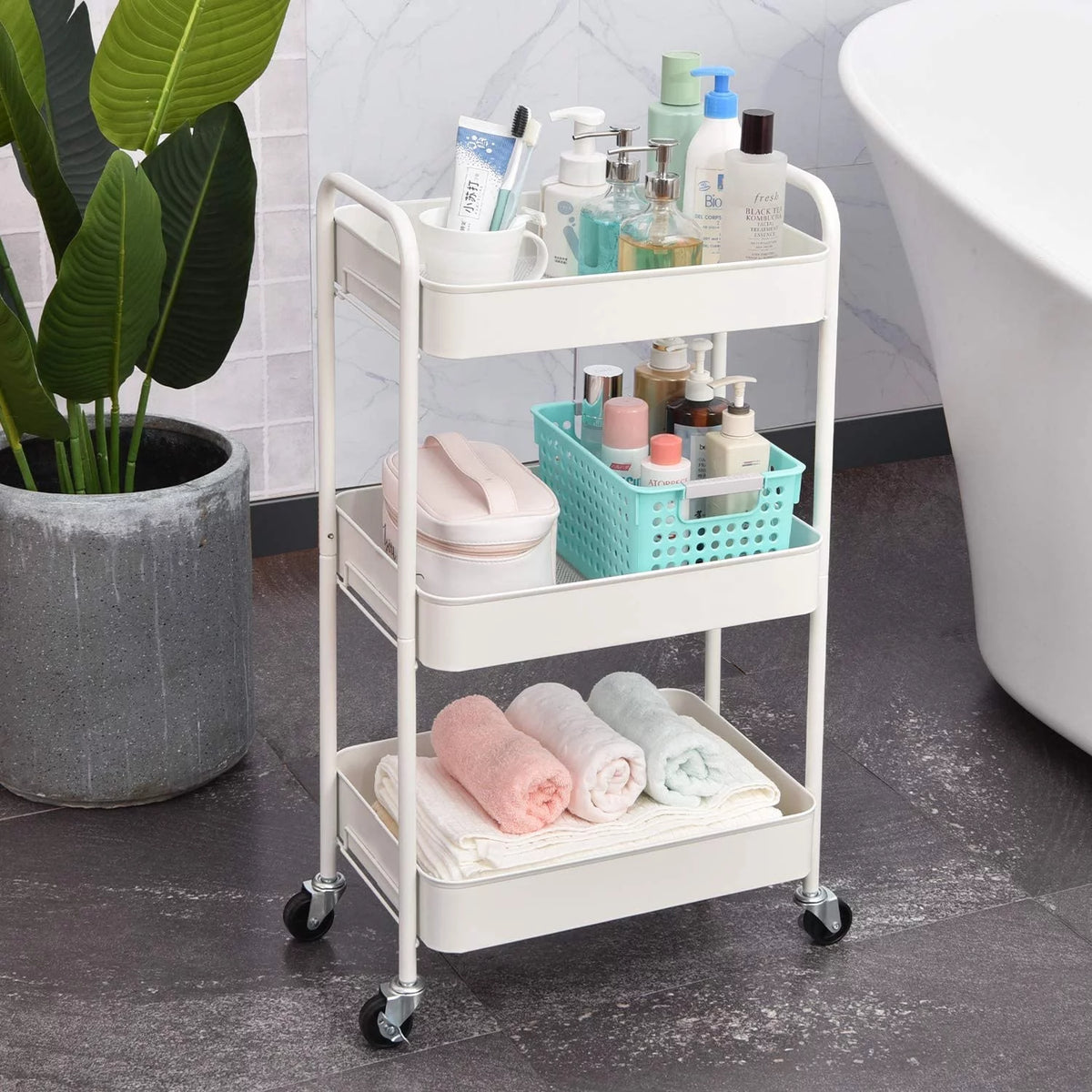 3-Tier Rolling Metal Utility Cart with Wheels, White X166554