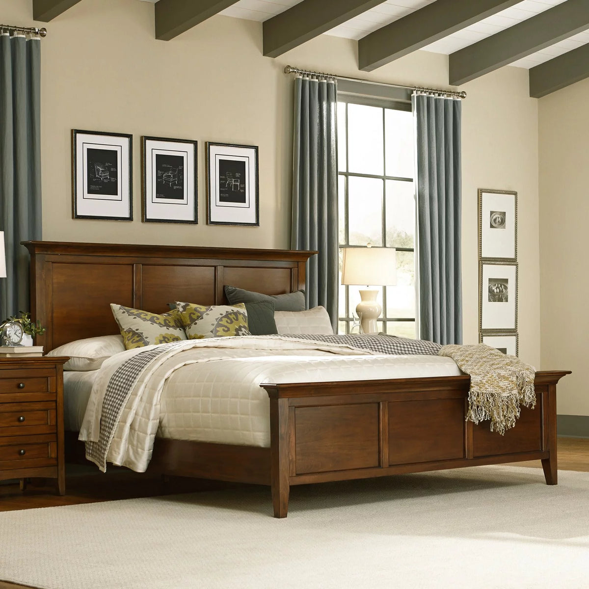 Solid Wood King Panel Bed in Cherry Brown D130