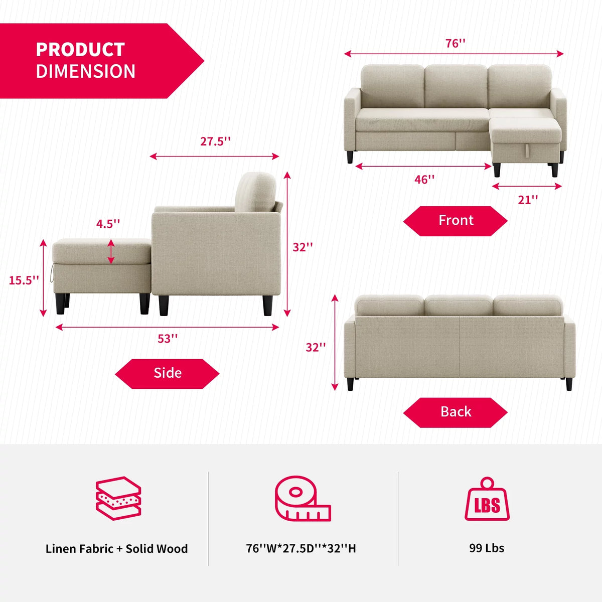 Beige Linen Sectional Sofa with Storage Ottoman W752