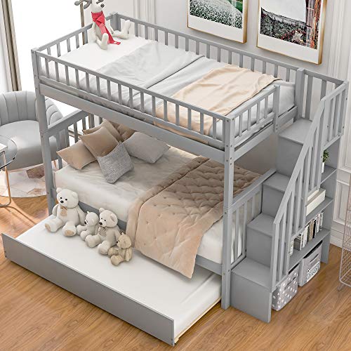 Gray Twin Over Twin Solid Wood Bunk Bed with Stairs and Trundle P711