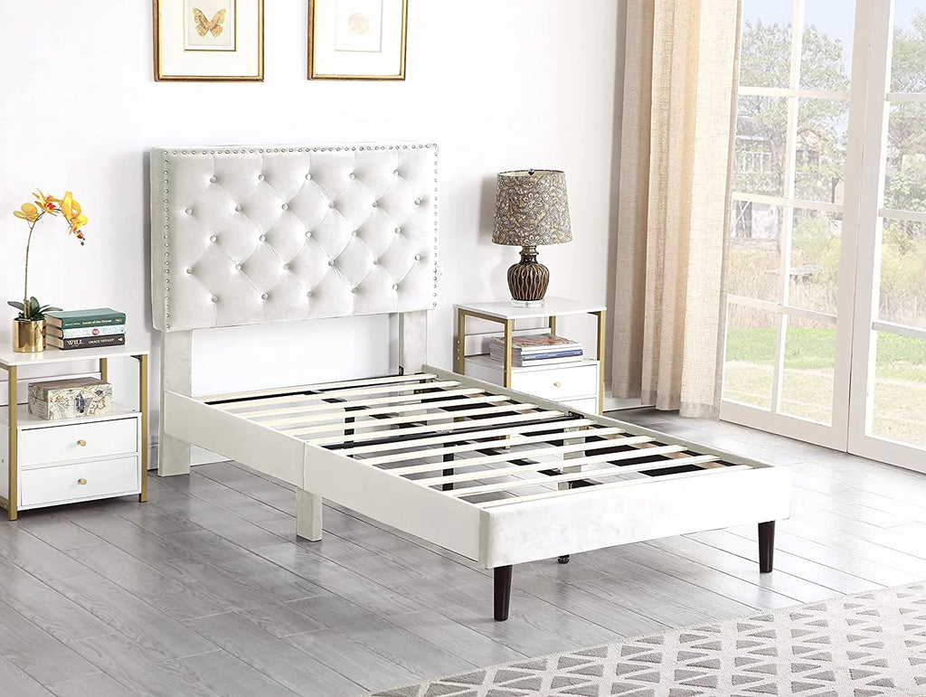 Beige Twin Upholstered Platform Bed Frame with Adjustable Headboard L6442