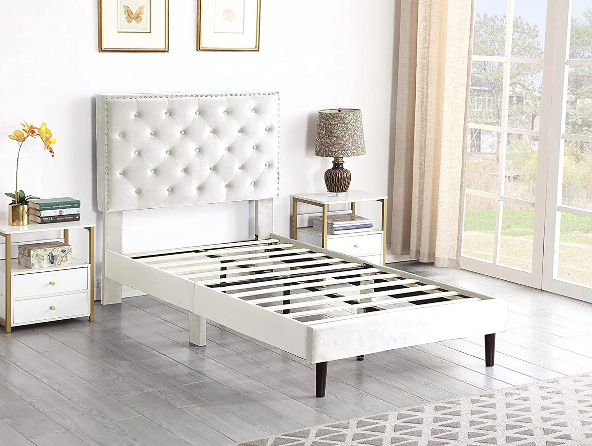 Beige Twin Upholstered Platform Bed Frame with Adjustable Headboard L6442
