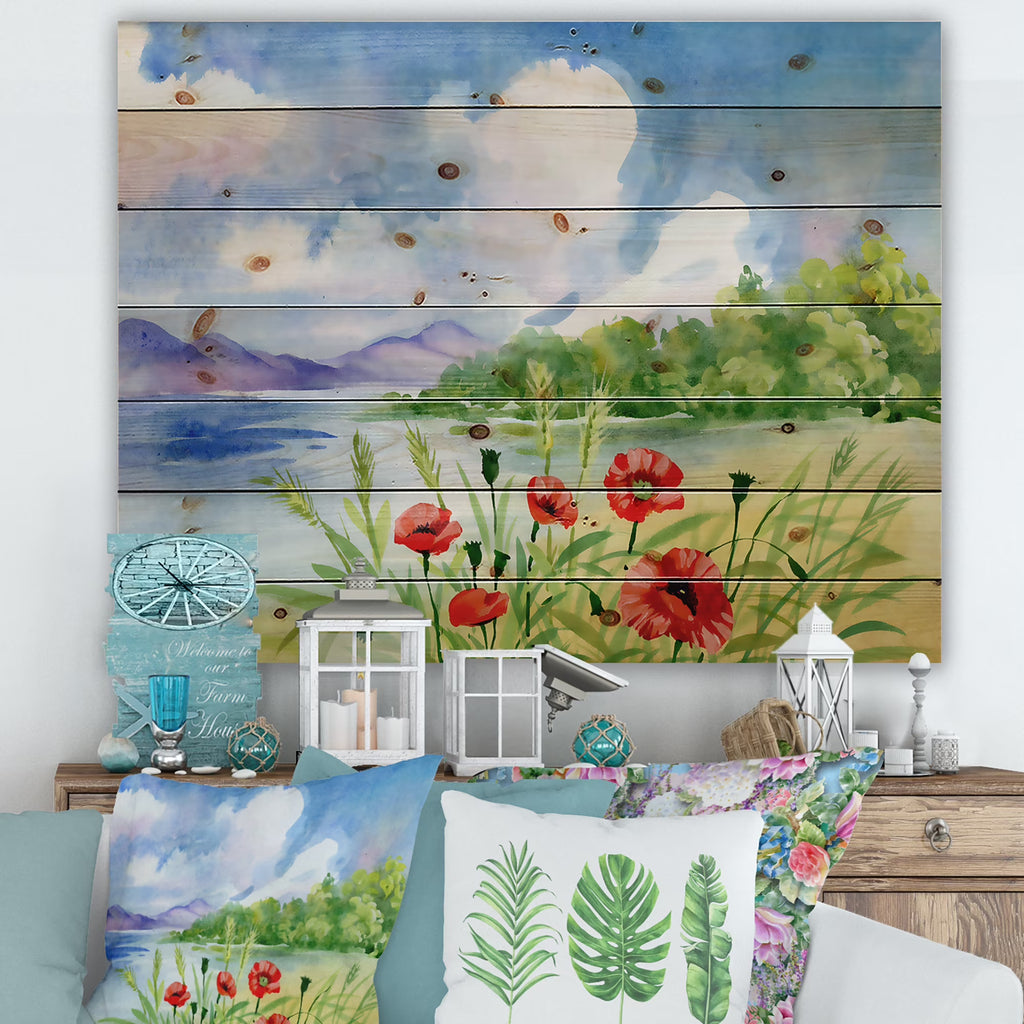 Red Tulips On The Bank Near A River Mountain Print on Natural Pine Wood A176