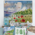 Red Tulips On The Bank Near A River Mountain Print on Natural Pine Wood A176