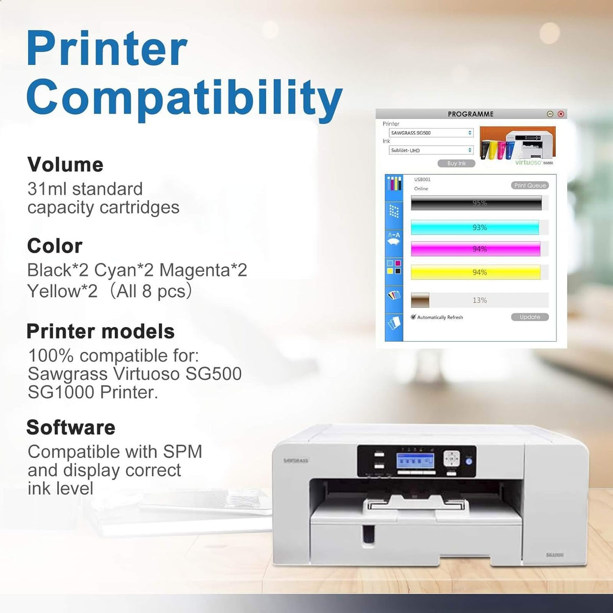 Sublimation Ink Cartridge 8-Pack for Sawgrass Virtuoso SG500 SG1000 Printer R335100