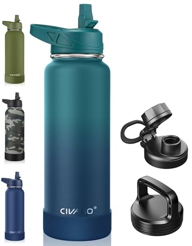 32 oz Insulated Stainless Steel Water Bottle with Straw and 3 Lids L64468