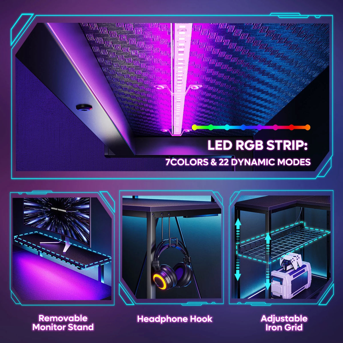 48" L Shaped Gaming Desk with LED Lights C603618
