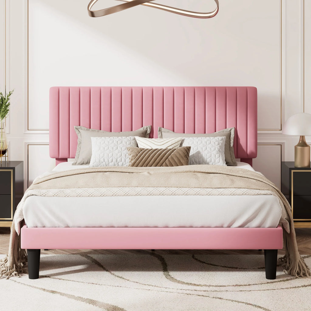 Queen Size Upholstered Platform Bed Frame with Velvet Headboard M2219