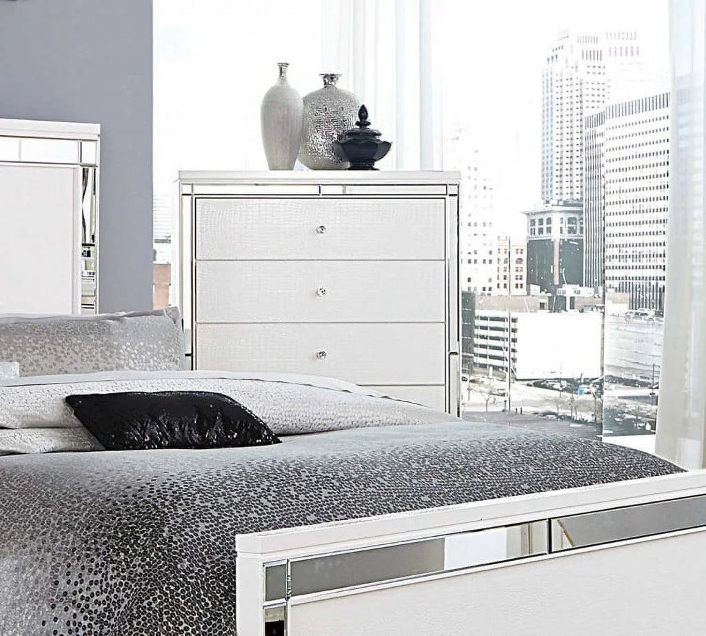 5 Drawer Chest in White Embossed Alligator & Mirror B720