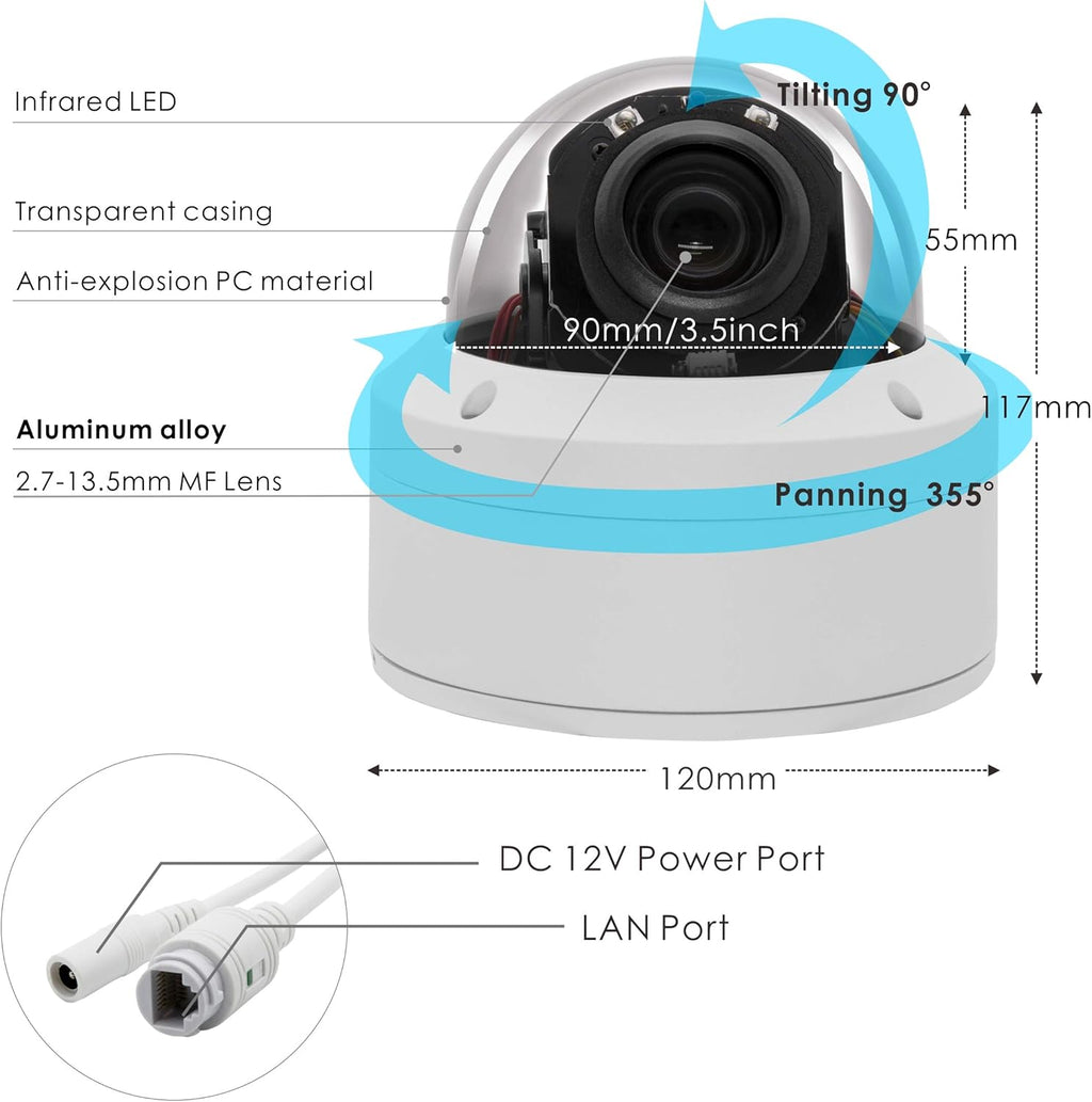 H.265 HD 1080P Security POE PTZ Dome Camera with 2.7-13.5mm Motorized Lens 5X Zoom P80221
