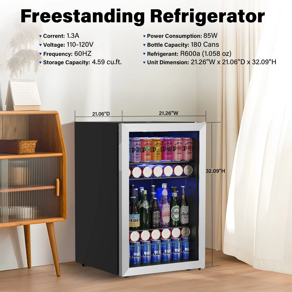 141-180 Can Freestanding Mini Beverage Refrigerator with Glass Door Z134