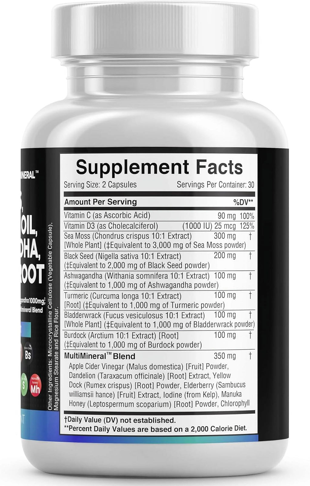 Sea Moss Black Seed Oil Ashwagandha Turmeric Bladderwrack Burdock Vitamin C D3 R153