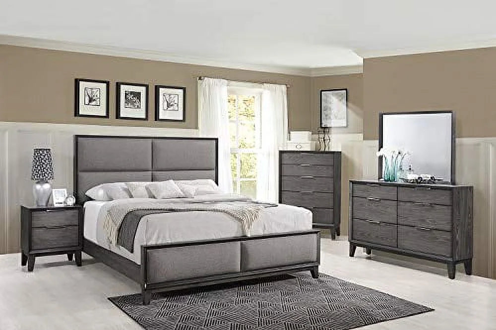 King Size Gray Bedroom Set with Bed Dresser Mirror Chest and 2 Nightstands U280353
