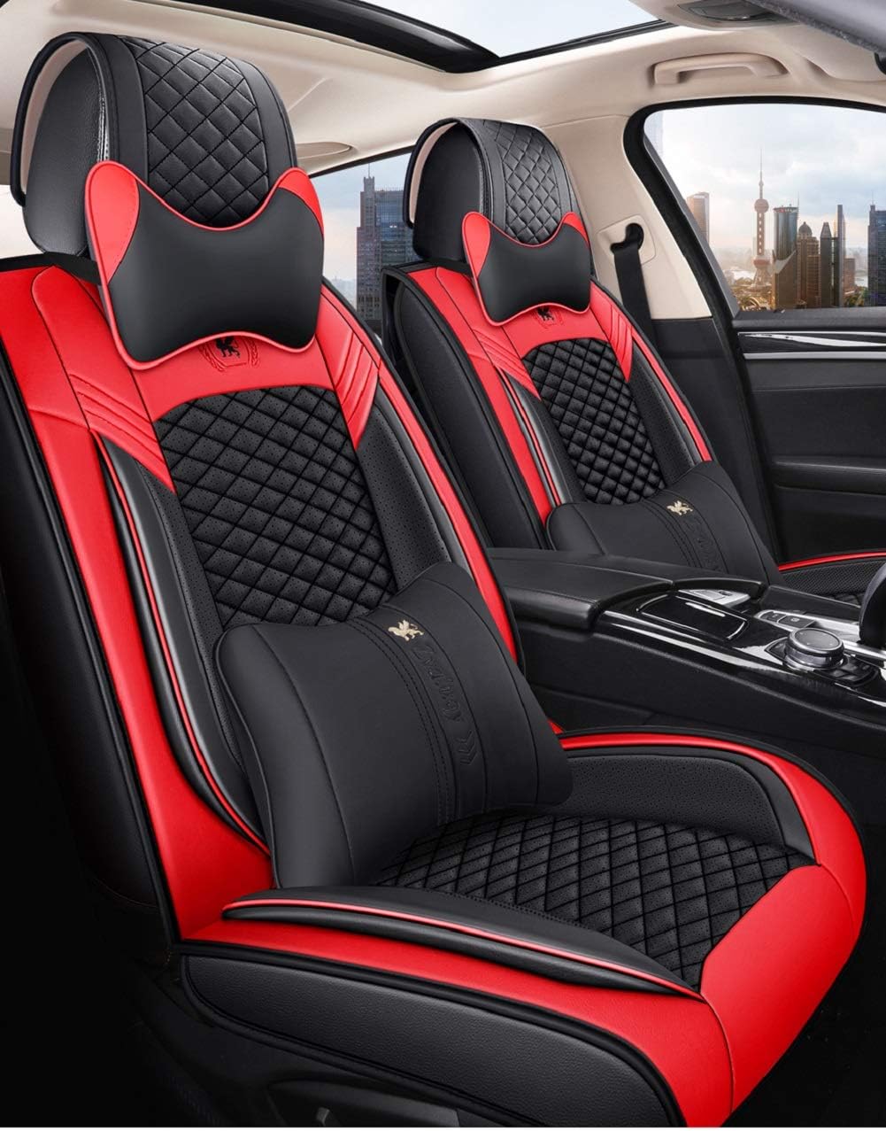 Black & Red Leather Car Seat Covers 5 Seats Full Set R495154